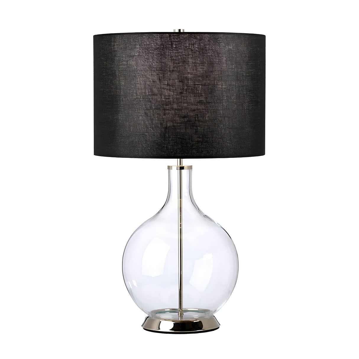 The Orb 1 Light Table Lamp, featuring a polished nickel stand, elegantly boasts a transparent glass base and a round black fabric lampshade. Its sleek silver design seamlessly unites the base and the shade against a plain white background.