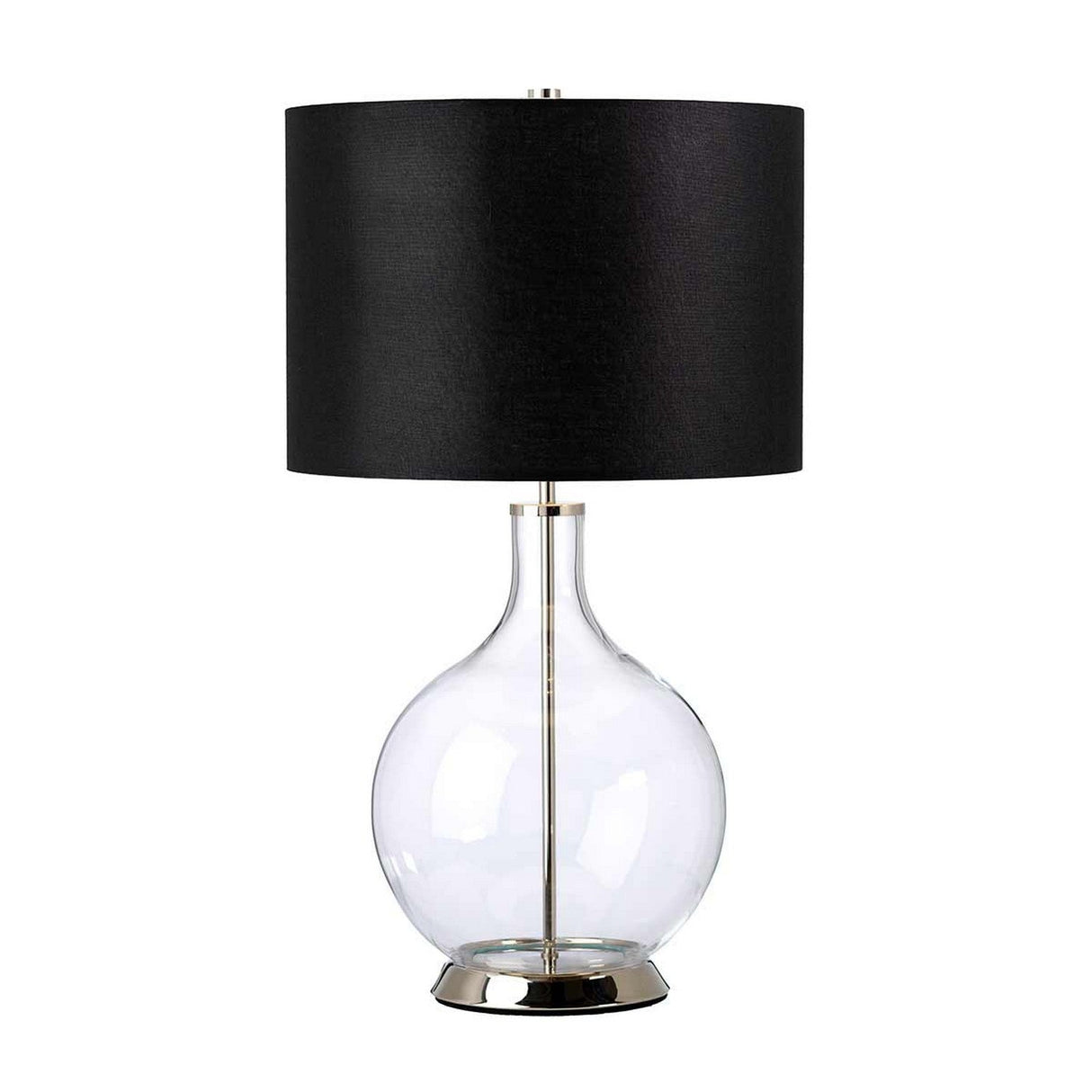 The Orb 1 Light Table Lamp features a modern, clear glass base paired with a round black shade. Polished nickel accents at both the base and top enhance its sleek design, making it an elegant choice for contemporary interiors.