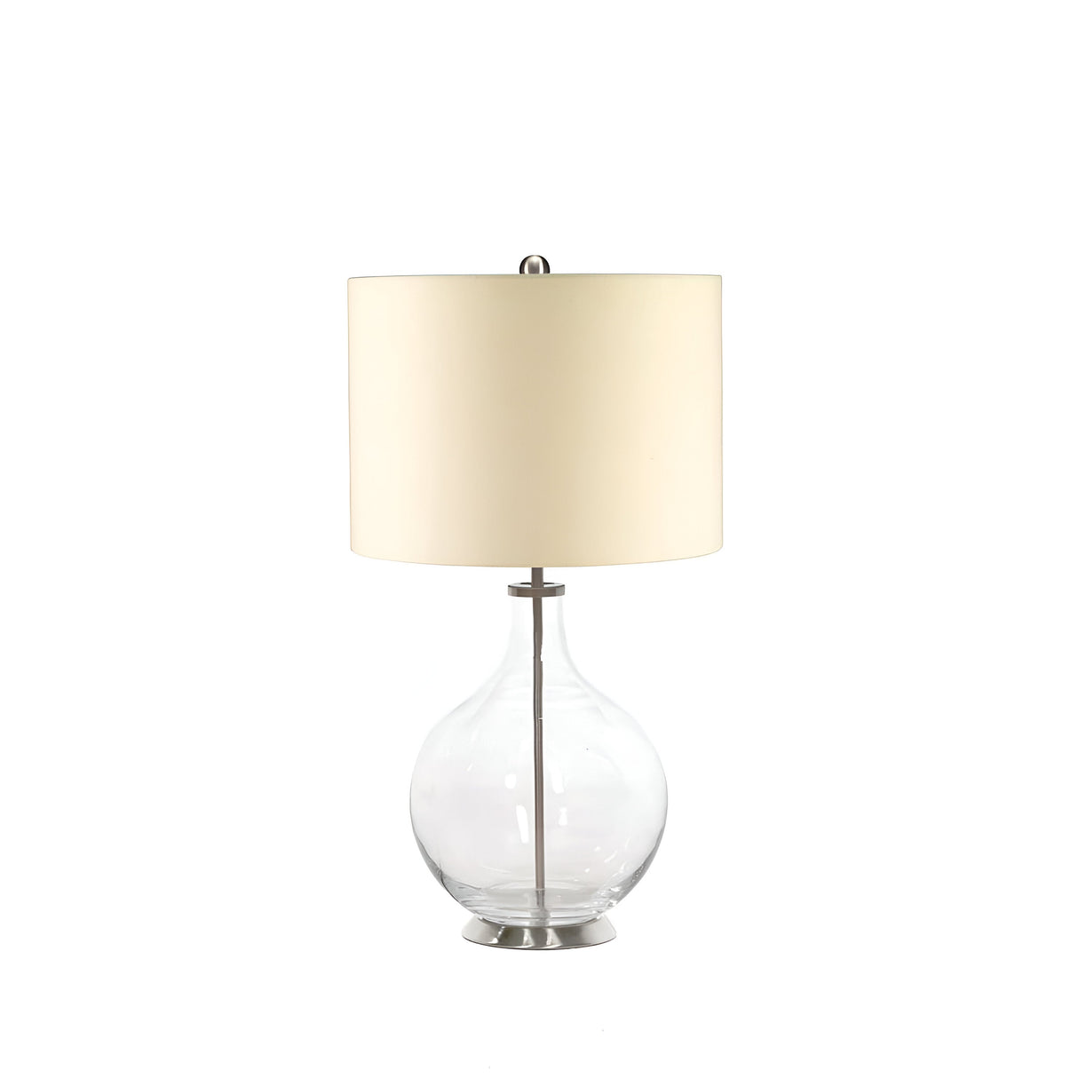 The Orb 1 Light Table Lamp features a stylish, clear glass body with a round base that exudes elegance. It is topped with a beige cylindrical lampshade and includes a sleek metallic stand and top knob, all presented against a plain white backdrop.