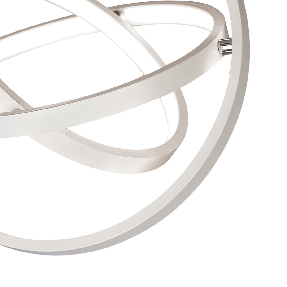 Close-up of the Mantra Orbital LED semi-flush ceiling light showing interlocking matt white aluminium rings with a chrome fixing detail.