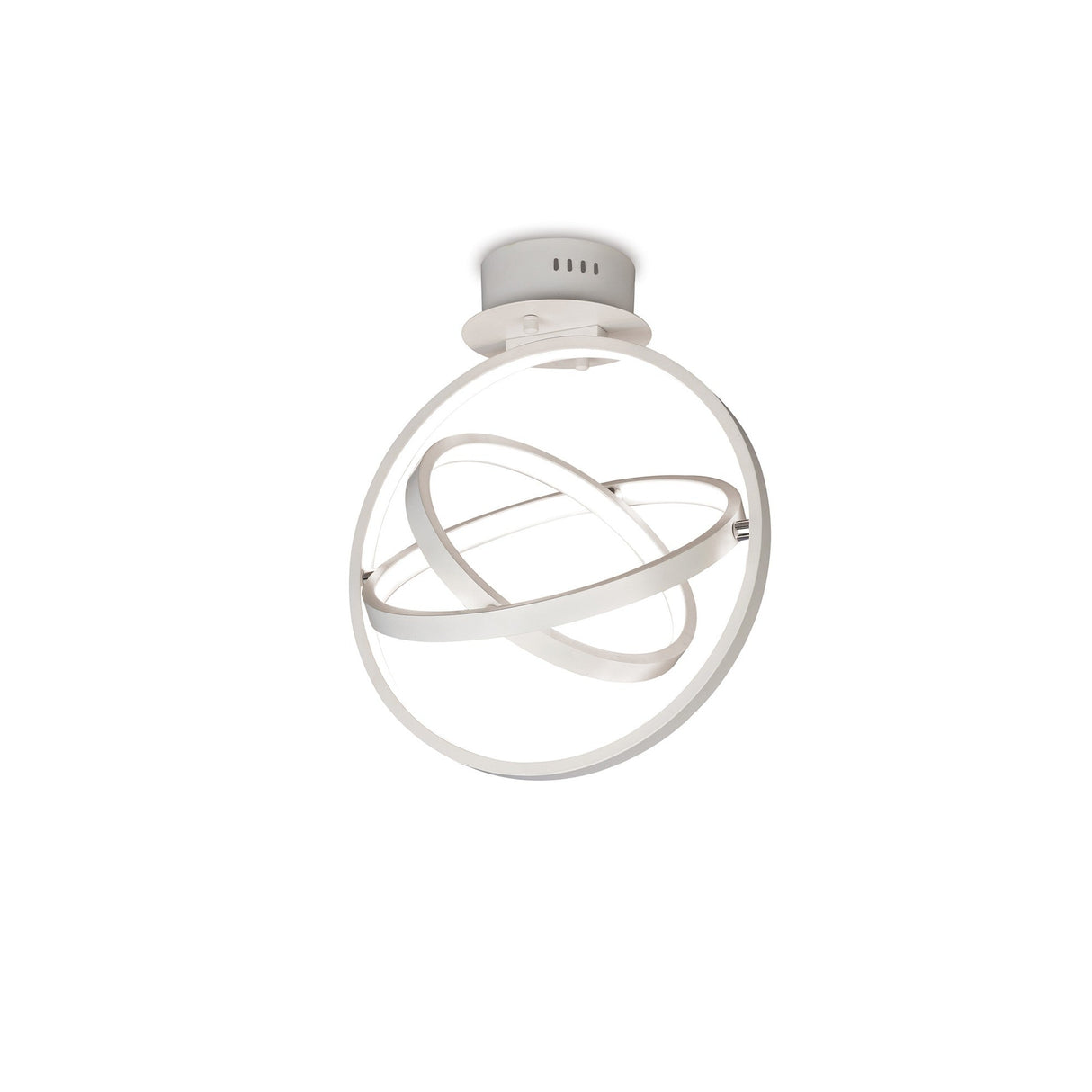 Mantra Orbital LED semi-flush ceiling light with three interlocking matt white aluminium rings forming a sculptural sphere, shown on a plain white background.