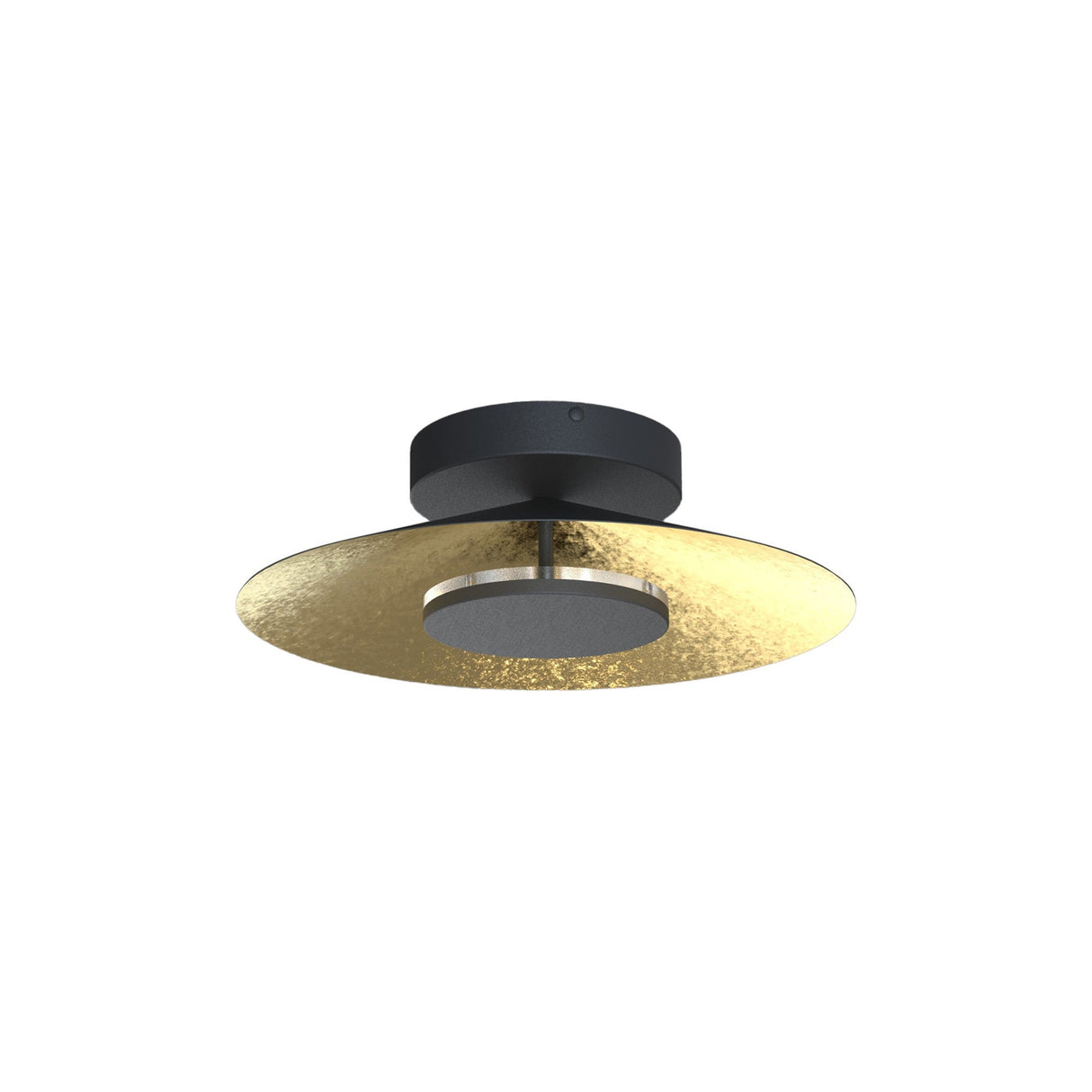 Mantra Orion LED semi-flush ceiling light with a matt black canopy and disc, gold leaf-lined dome shade, shown against a white background.