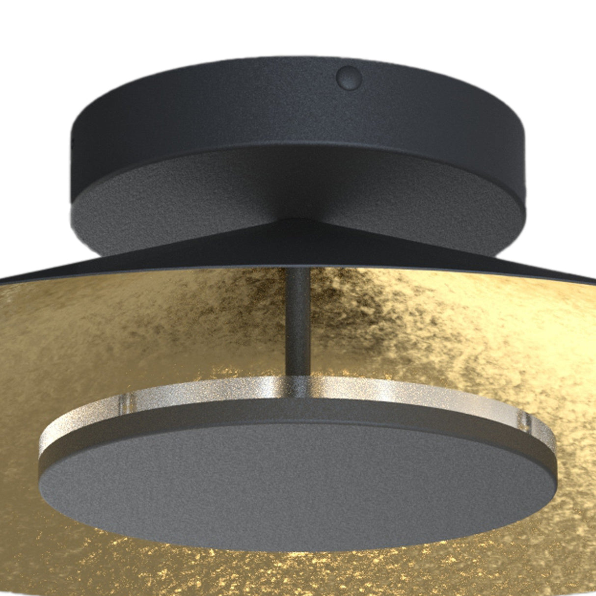 Close-up of Mantra Orion LED semi-flush ceiling light showing the matt black ceiling cap, stem, and gold leaf interior dome with central LED disc.