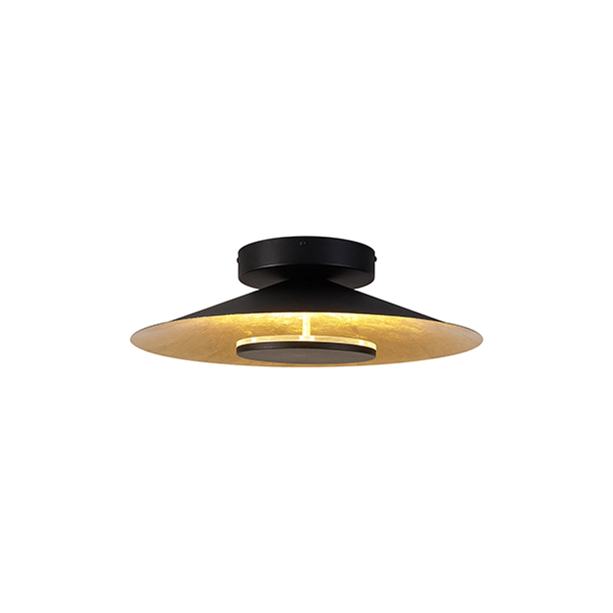 Mantra Orion LED semi-flush ceiling light with a wide matt black dome shade and gold leaf interior on a black ceiling cap, shown on a white background.
