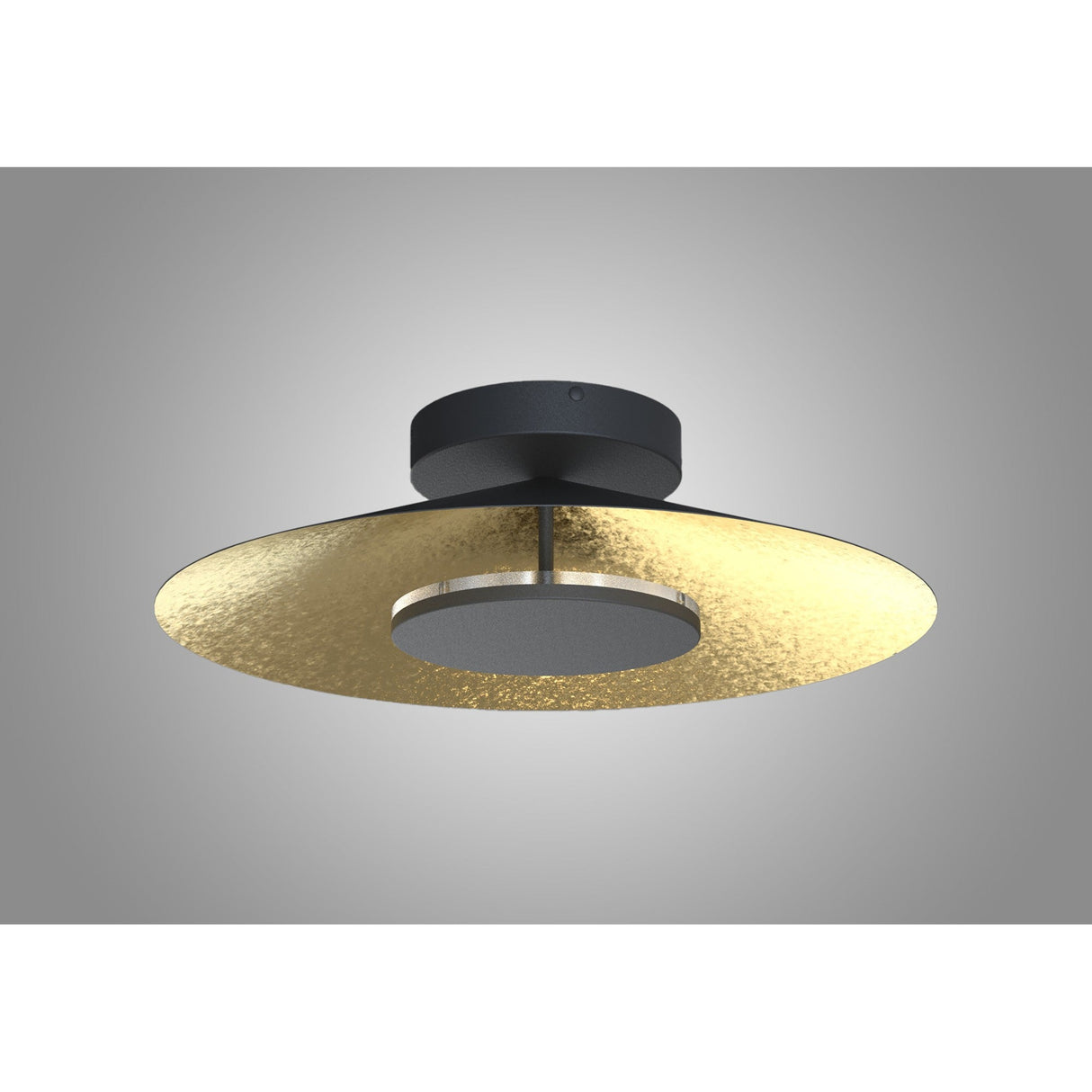 Mantra Orion 24W LED semi-flush ceiling light with shallow dome shade, hand-applied gold leaf interior and matt black exterior, on a grey background.