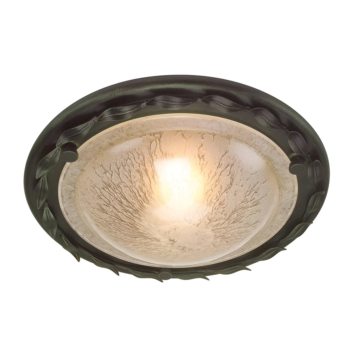 The Olivia 1 Light Flush in Black/Gold Patina features a rustic ceiling light fixture with a frosted glass dome, complemented by a leafy black metal border enhanced by a black/gold patina. The crackled glass design provides handcrafted elegance, and the light emits a warm glow.