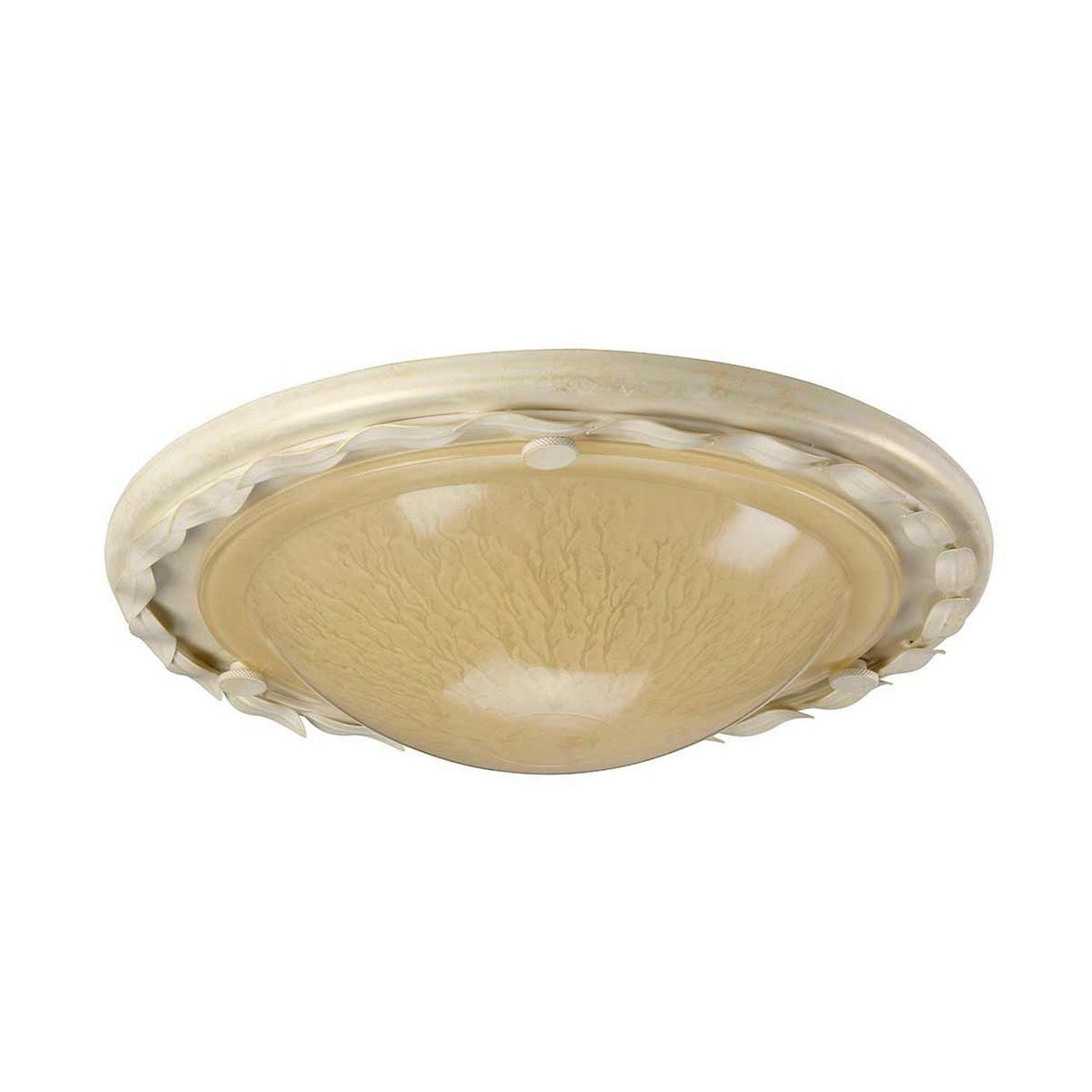 The Olivia 1 Light Flush ceiling fixture, handcrafted with an ornate scalloped edge and a frosted glass dome adorned with subtle swirling patterns, adds elegance to the room. Its ivory/gold patina finish appears gracefully mounted on a white ceiling, enhancing the overall aesthetic.