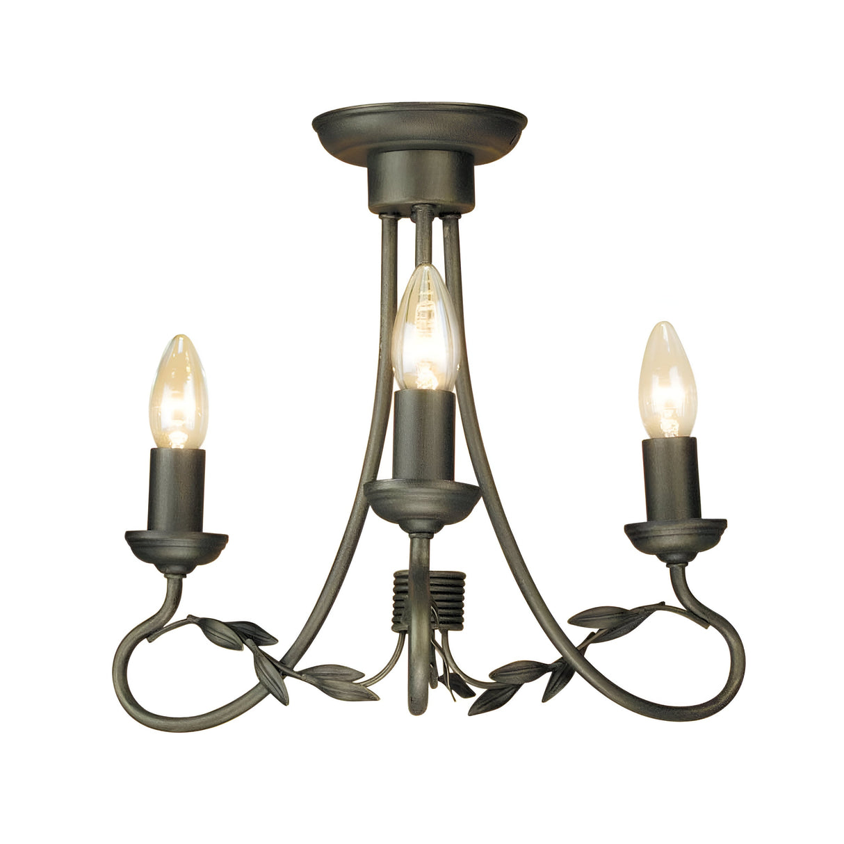 The Olivia 3 Light Chandelier in Black/Gold Patina showcases a handcrafted vintage style with three candle-shaped bulbs and decorative metal scrollwork accented with leaves.