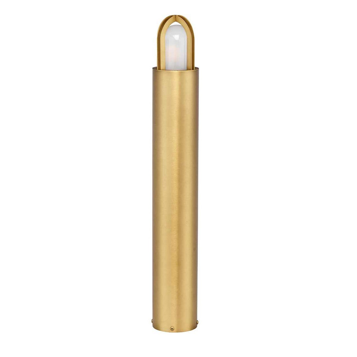 The Paignton 1 Light Bollard - Brushed Brass showcases a tall, cylindrical design crafted with solid brass construction. It features a rounded top with a visible bulb, set against a plain white background. Its sleek, modern aesthetic is highlighted by a metal frame that encircles the bulb and displays its brushed brass finish.