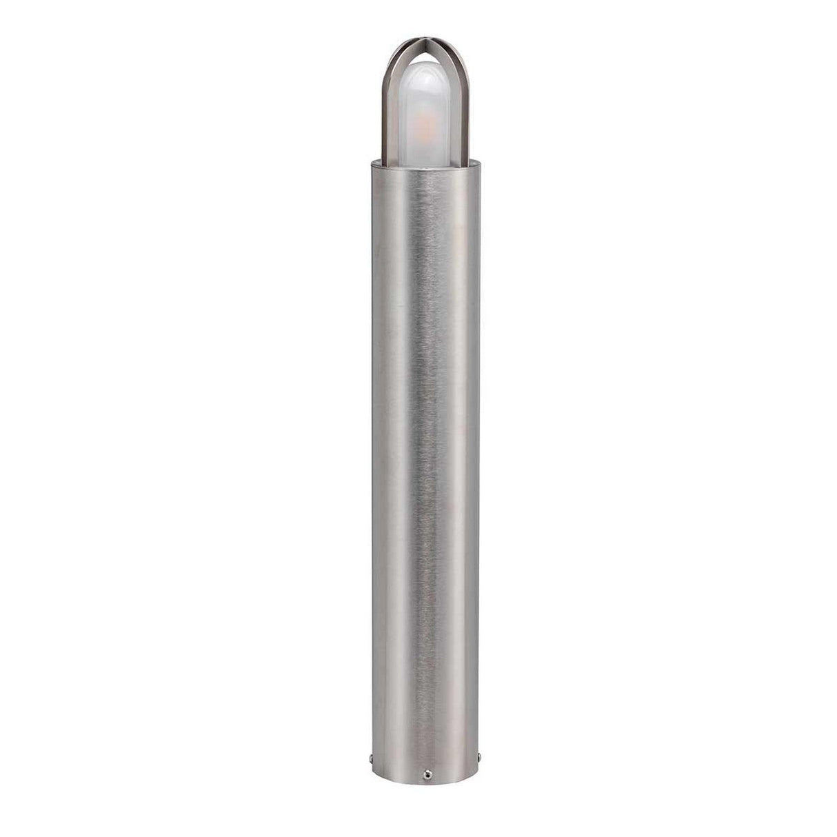 Introducing the Paignton 1 Light Bollard - Stainless Steel. This elegant, cylindrical bollard light showcases a brushed silver finish and features a rounded top. Its frosted glass cover encases an LED bulb, creating a modern design that enhances outdoor lighting and is perfect for illuminating gardens and pathways.