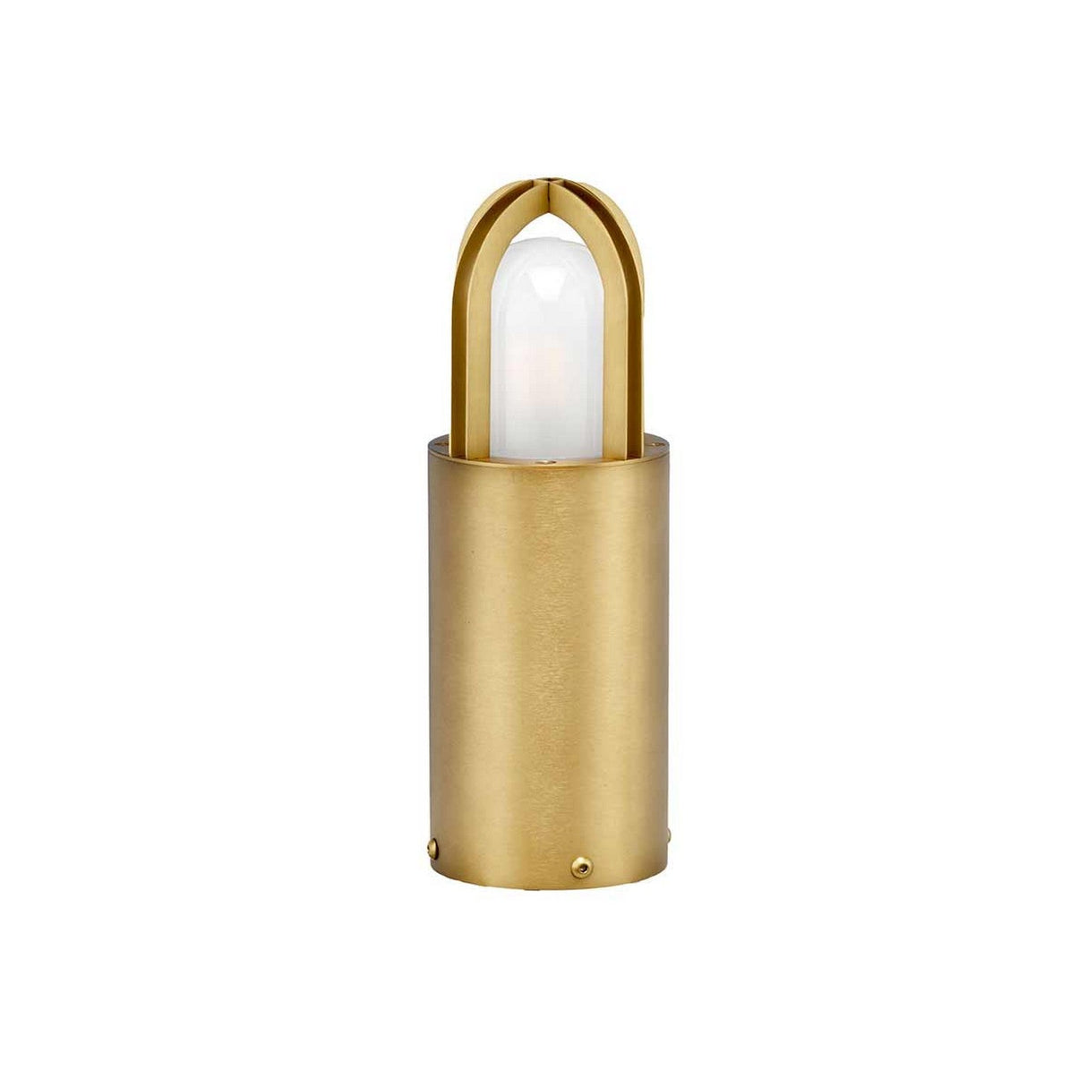 The Paignton 1 Light Mini Bollard in brushed brass boasts a minimalist, cylindrical design with an elongated enclosure that highlights an exposed bulb. Its gold finish and sleek, modern aesthetic are reminiscent of mini bollard outdoor lighting, set against a white background.