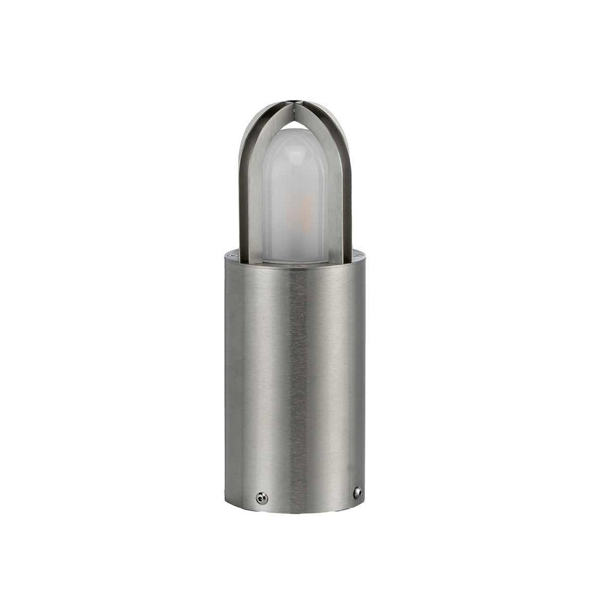 The Paignton 1 Light Mini Bollard, featuring a stainless steel cylindrical body and a domed, transparent cover, adds a sleek touch to any garden or pathway.