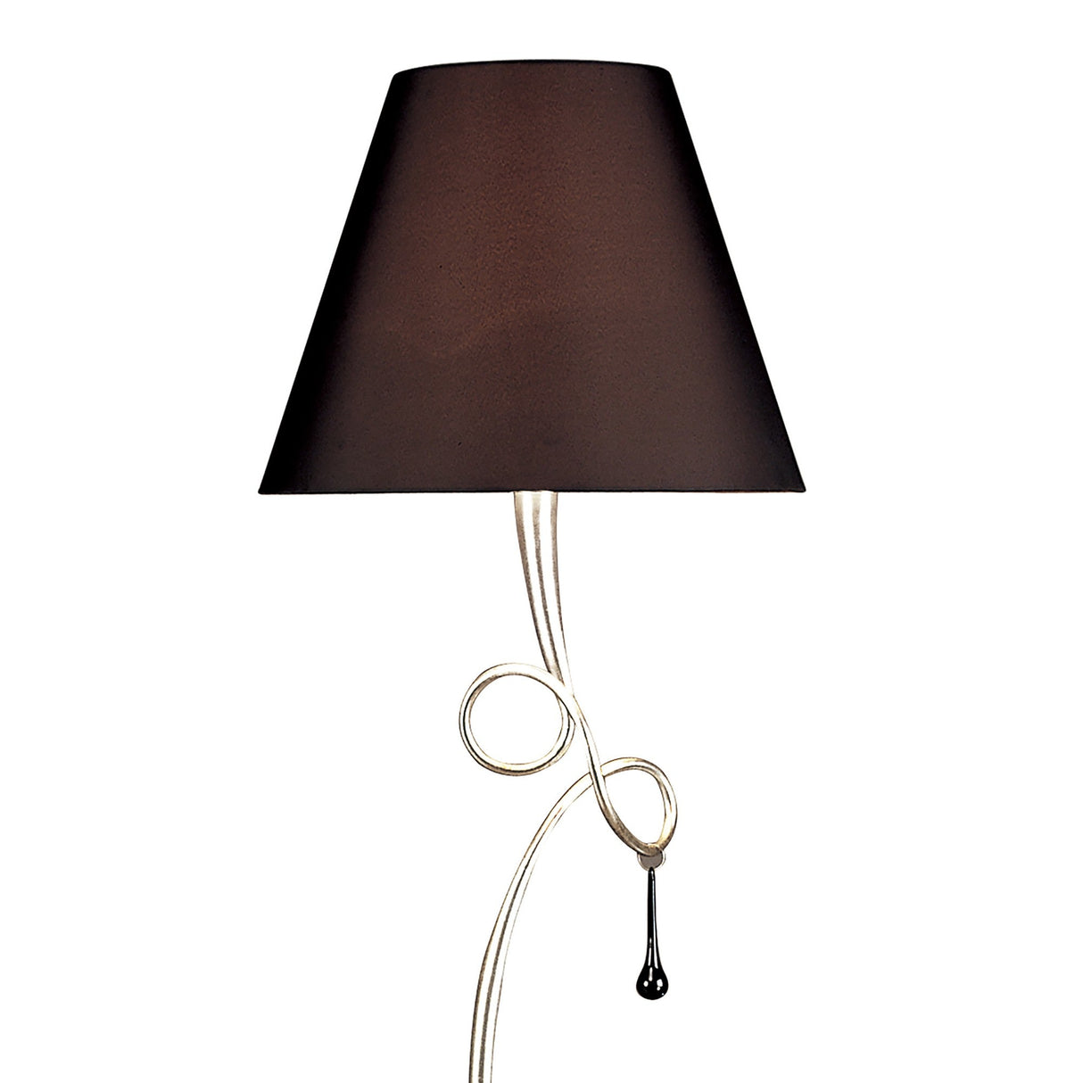 The Paola 1 Light Floor Lamp features a silver finish, a large black shade, and elegant glass droplets for a stylish touch.