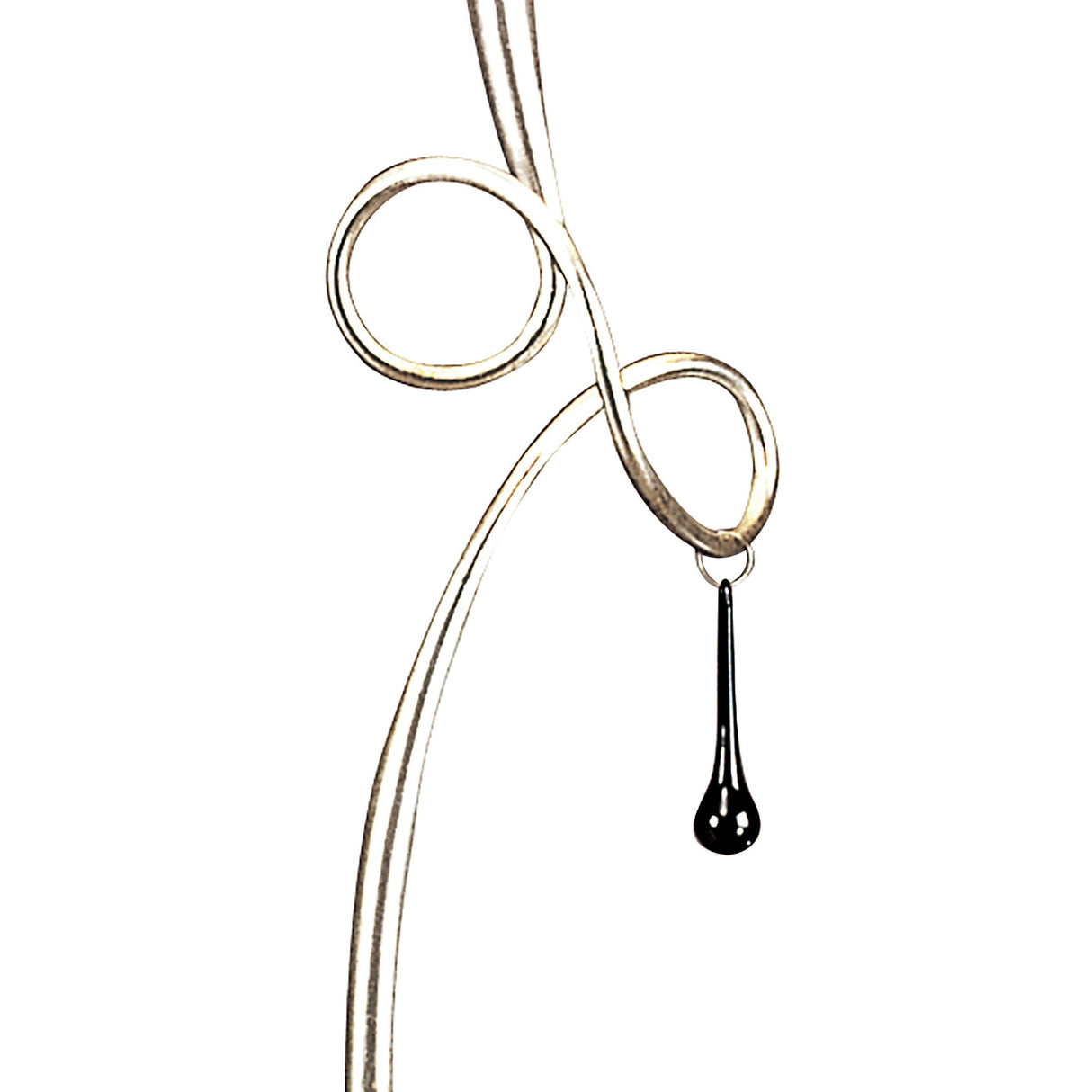 The Paola 1 Light Floor Lamp features a sleek silver frame that curves in a loop, adorned with a chic black shade and elegant glass droplets, shown against a white background.