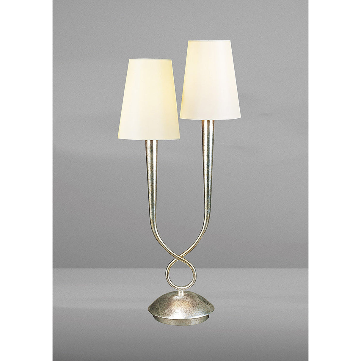 Paola 2 Light Table Lamp - Silver Painted With Cream Shades