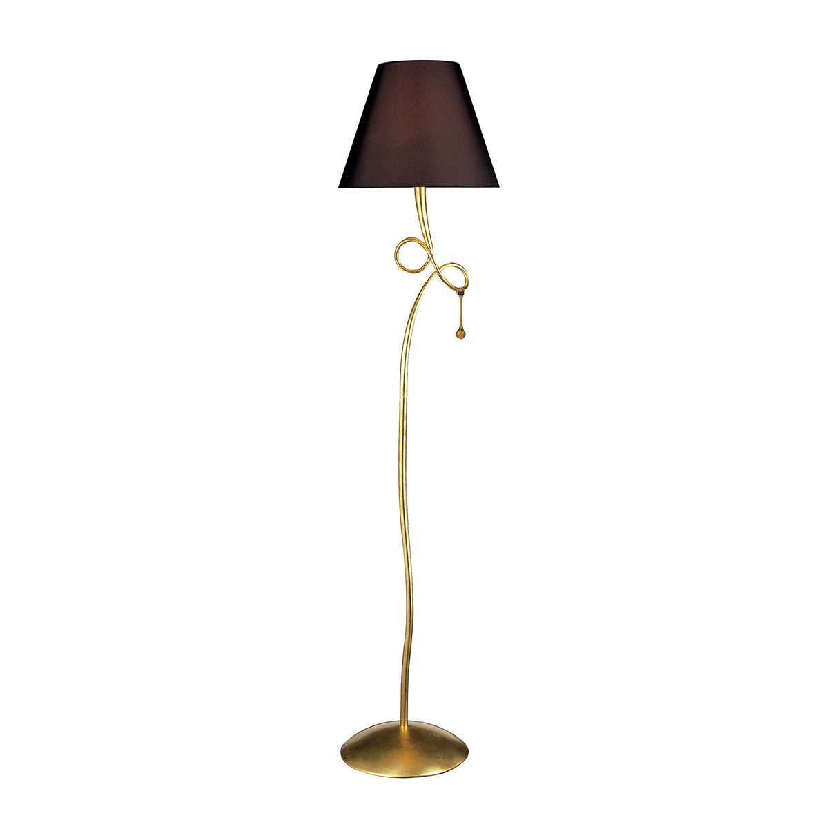 The Paola 1 Light Floor Lamp features a gold curved stand with a loop, black shade, glass droplets, and a round base, creating contemporary elegance for any room.