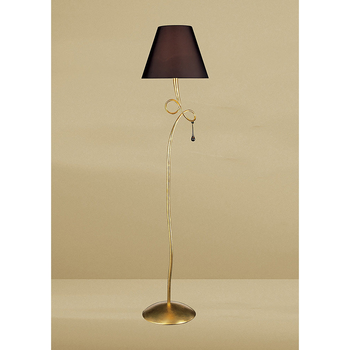 The Paola 1 Light Floor Lamp features a gold curved stem with a decorative loop, black shade, glass droplets, and stands on a circular base. Its elegant design makes it a striking accent in any room.