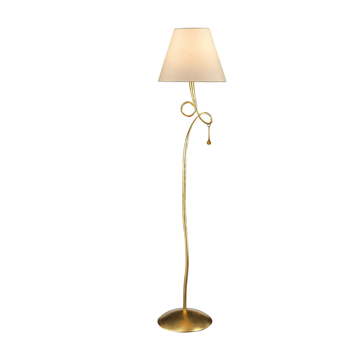 The Paola 1 Light Floor Lamp features a gold curved stem with decorative glass droplets, a small pull switch, and a cream tapered shade, all set elegantly on a round base.