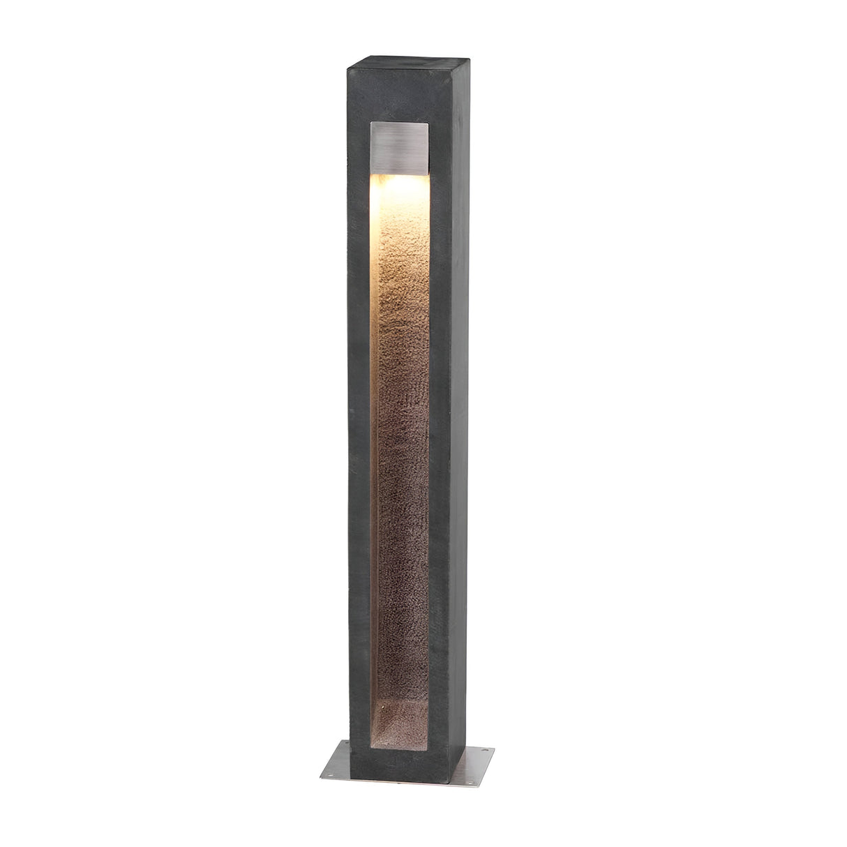 The Parkstone Large LED Bollard features a tall, rectangular design crafted from sleek 316 stainless steel, complete with an illuminated interior and a square basalt stone base.