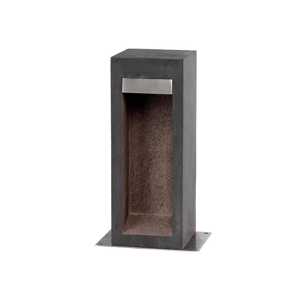 The Parkstone Medium LED Bollard features a rectangular, dark-colored design crafted from basalt stone with a stainless steel top and an open front. It is designed to be placed on a flat surface and embodies a minimalist, modern aesthetic.
