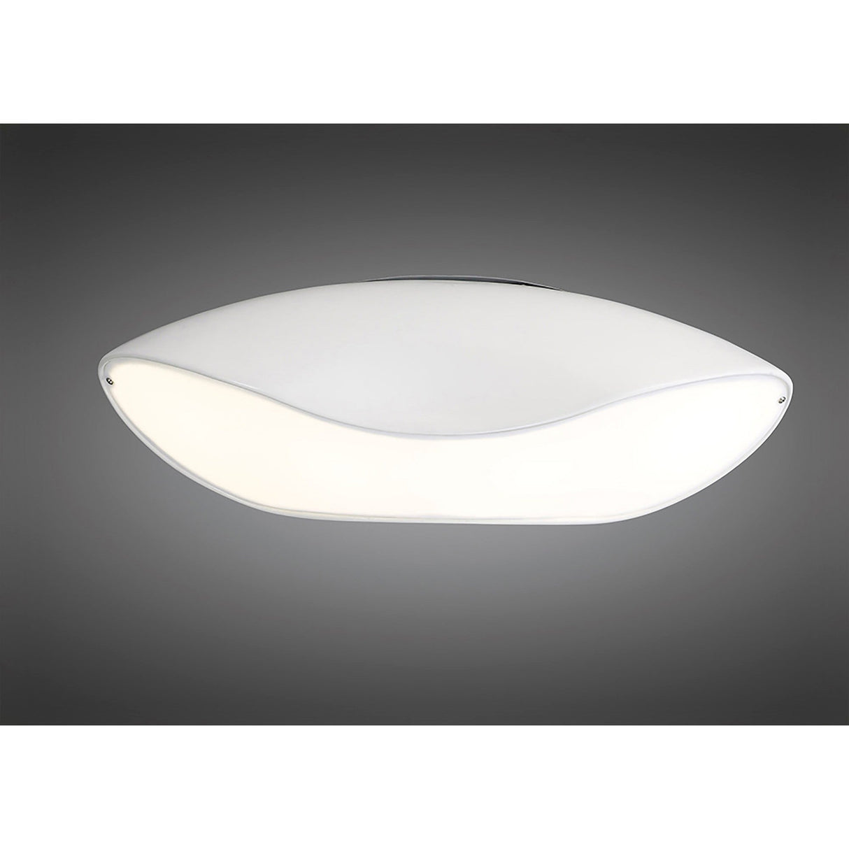 Mantra Pasion 4 light flush ceiling light with a curved gloss white fibreglass body and opal acrylic diffuser, shown against a grey background.