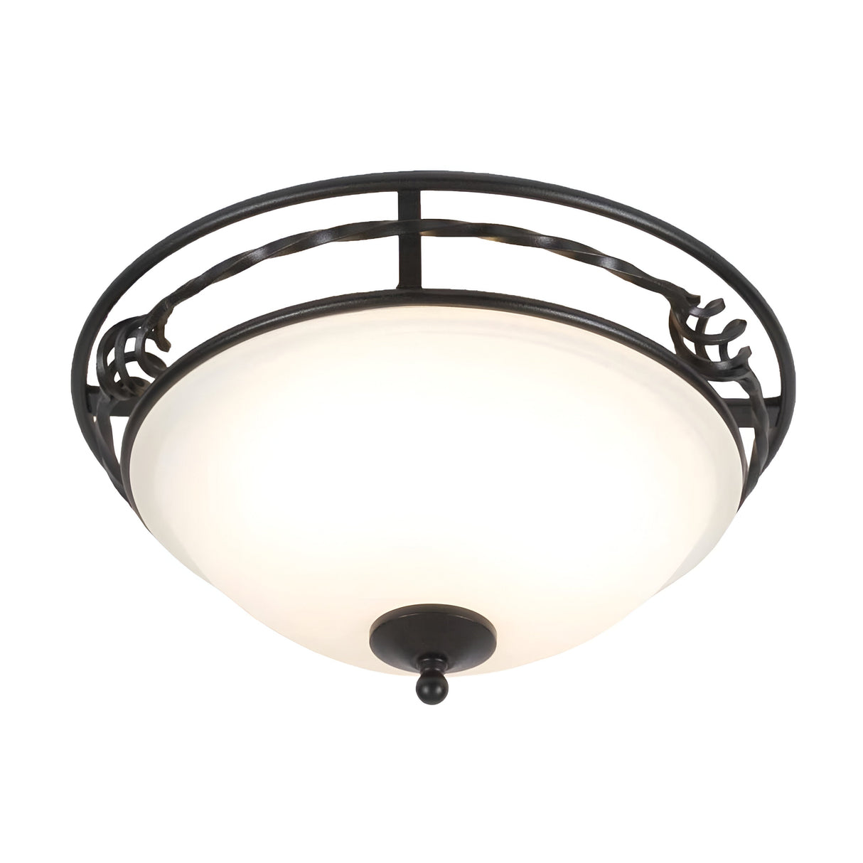 The Pembroke 2 Light Flush Light - Black is a round ceiling fixture with a frosted glass shade. Its black metal frame, made from hand-forged iron, boasts elegant decorative swirls that add a touch of sophistication.