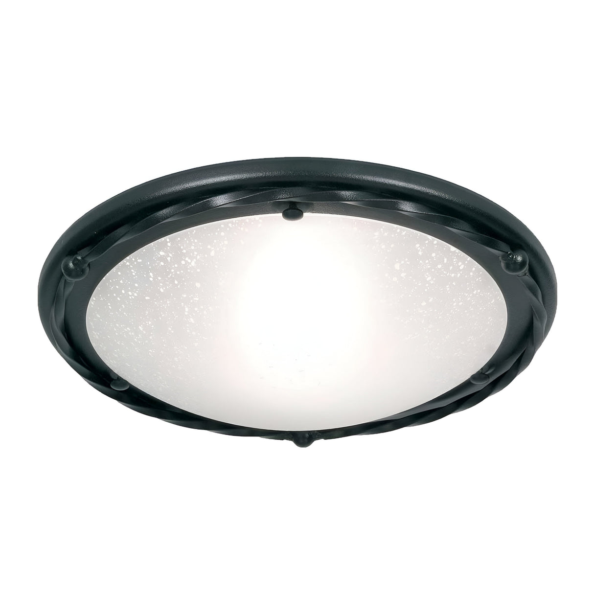 The Pembroke 1 Light Flush Light in black features a round ceiling fixture with a frosted glass cover encased in a hand-forged iron frame. Its subtle decorative elements enhance its modern elegance, and when illuminated, the graceful design of the glass is beautifully highlighted.