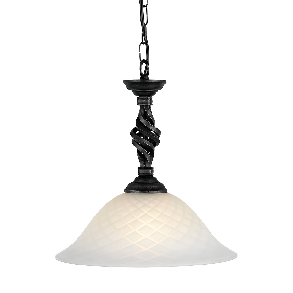 The Pembroke 1 Light Pendant - Black boasts a frosted glass shade complemented by a decorative metal stem featuring an intricate twisted design. Its hand-forged iron craftsmanship enhances its elegant appeal, and it's gracefully suspended by a metal chain.
