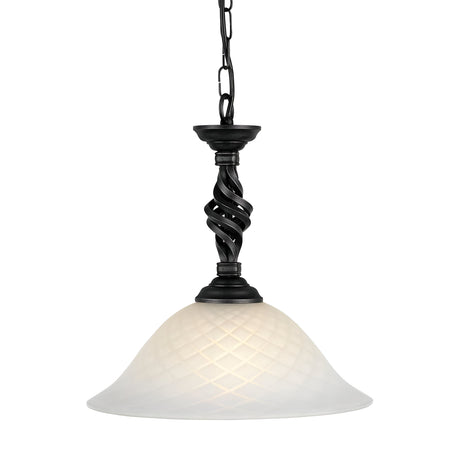 The Pembroke 1 Light Pendant - Black boasts a frosted glass shade complemented by a decorative metal stem featuring an intricate twisted design. Its hand-forged iron craftsmanship enhances its elegant appeal, and it's gracefully suspended by a metal chain.