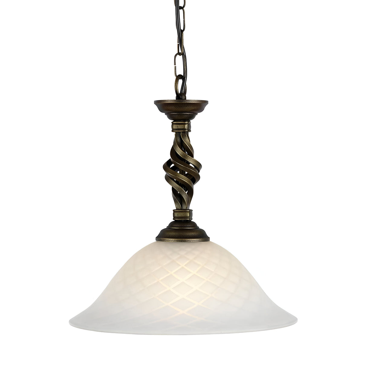 The Pembroke 1 Light Pendant - Black/Gold features a twisted metal design above a frosted glass shade. Its hand-forged iron chain and fixture are finished in a sophisticated bronze, imparting an elegant and classic appearance.