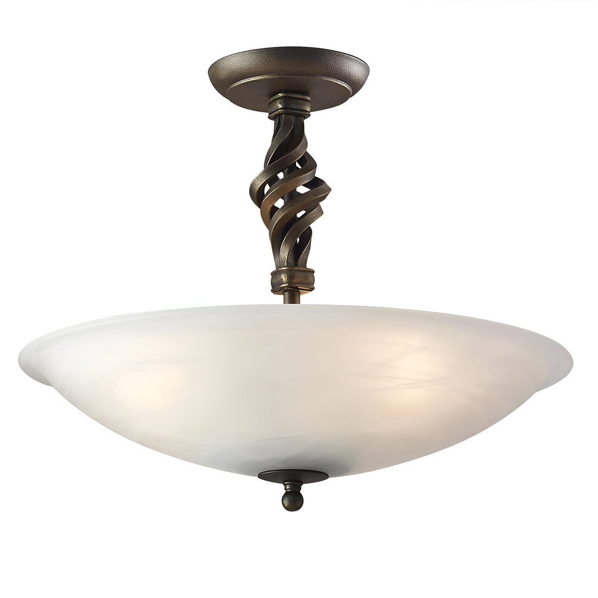 The Pembroke 3 Light Semi Flush in Black/Gold features a classic design with a frosted glass dome and an ornate, twisted metal stem. Its hand-forged iron finish in black and gold offers a warm, elegant appearance.