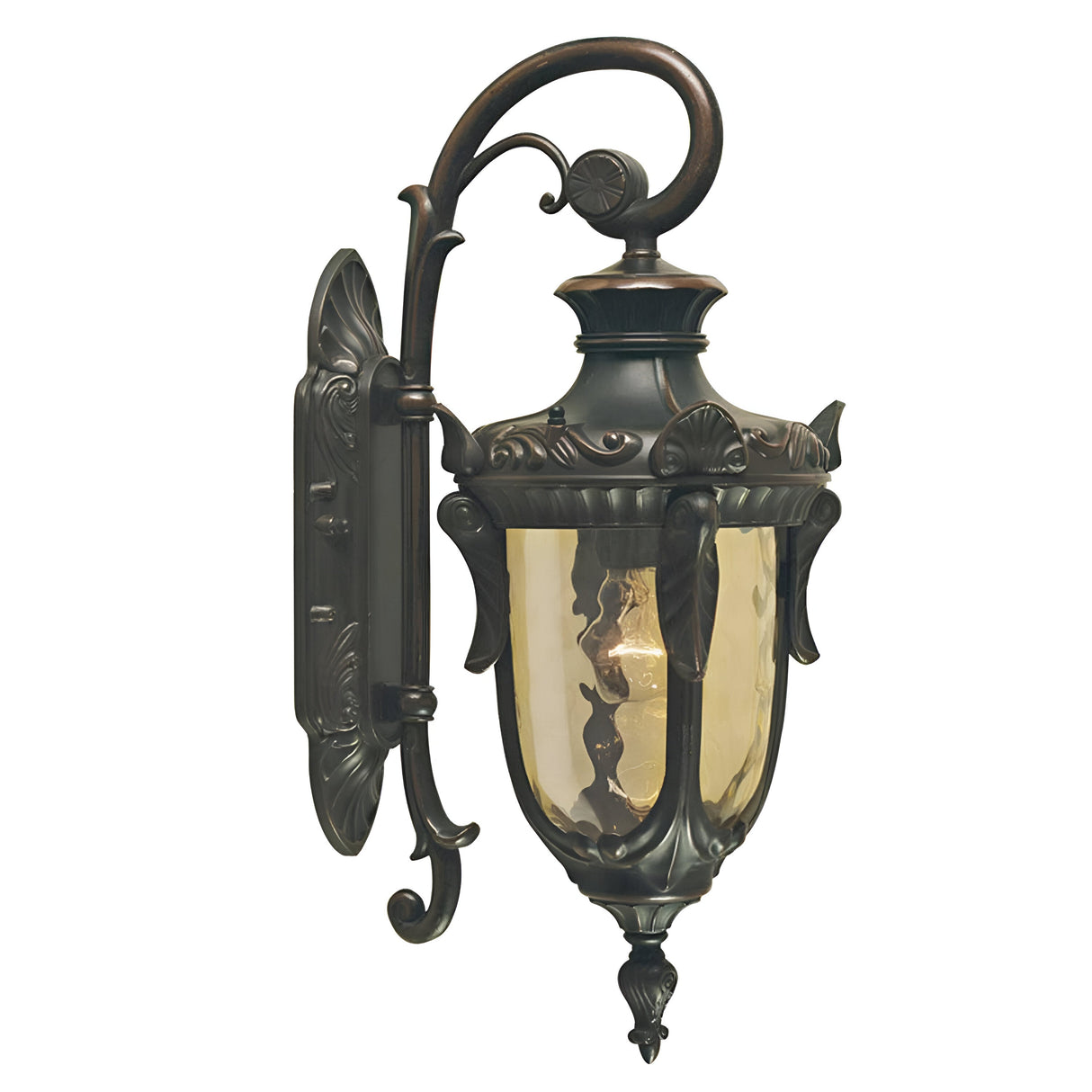 Introducing the Philadelphia 1 Light Outdoor Small Down Wall Light in Old Bronze, a vintage-style outdoor wall lantern adorned with intricate scrollwork. This fixture boasts an antique appearance, complete with amber glass panels and a sophisticated old bronze patina.
