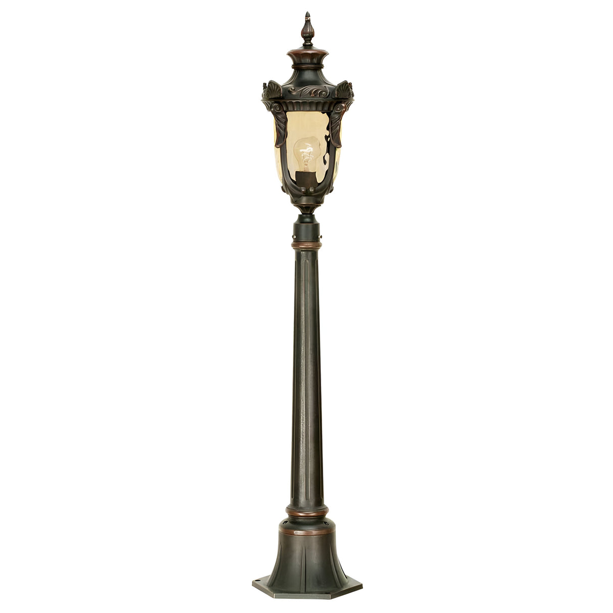 The Philadelphia 1 Light Medium Pillar - Old Bronze is a vintage-style outdoor lamp post featuring an ornate design and an Old Bronze finish. Its clear glass enclosure elegantly houses the light bulb, making it perfect for enhancing your outdoor lighting decor.