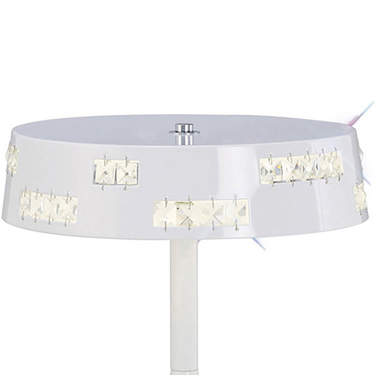 The Phoenix LED Crystal Table Lamp 9W 4000K in white features a modern white lampshade with rectangular crystal accents on a matching base, providing energy-efficient lighting with contemporary style.