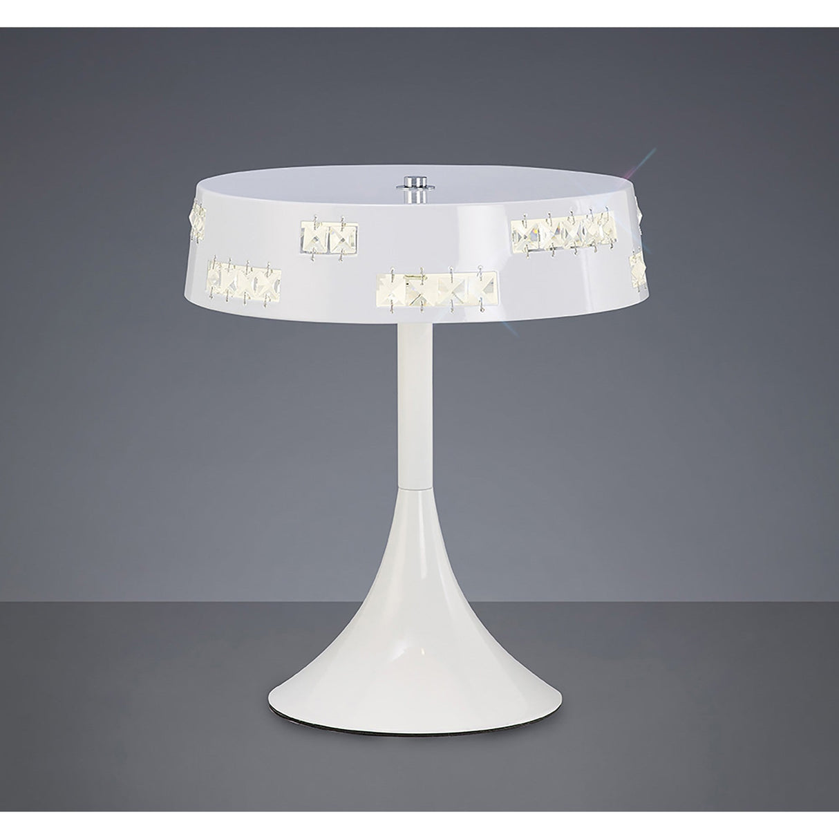 The Phoenix LED Crystal Table Lamp 9W 4000K - White features a wide round shade, decorative crystals, and a flared base, offering stylish, energy-efficient lighting against a plain gray background.