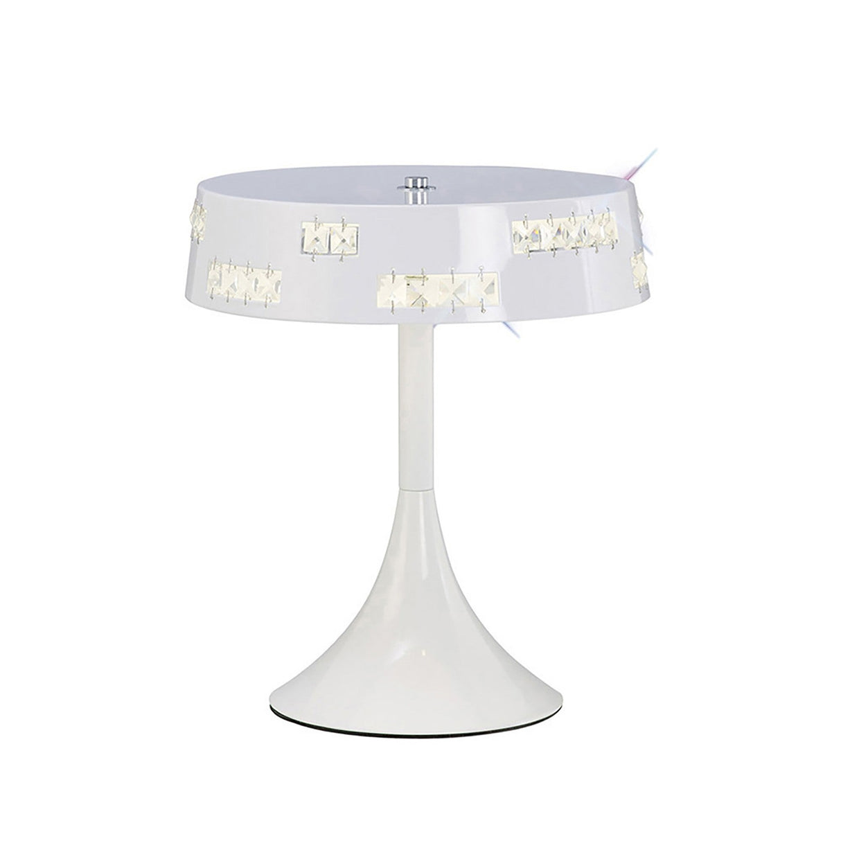 The Phoenix LED Crystal Table Lamp 9W 4000K in White features a wide, rounded lampshade with rectangular cutouts that reveal sparkling crystals and efficient LED lighting, all set on a sleek, flared base against a plain white background.