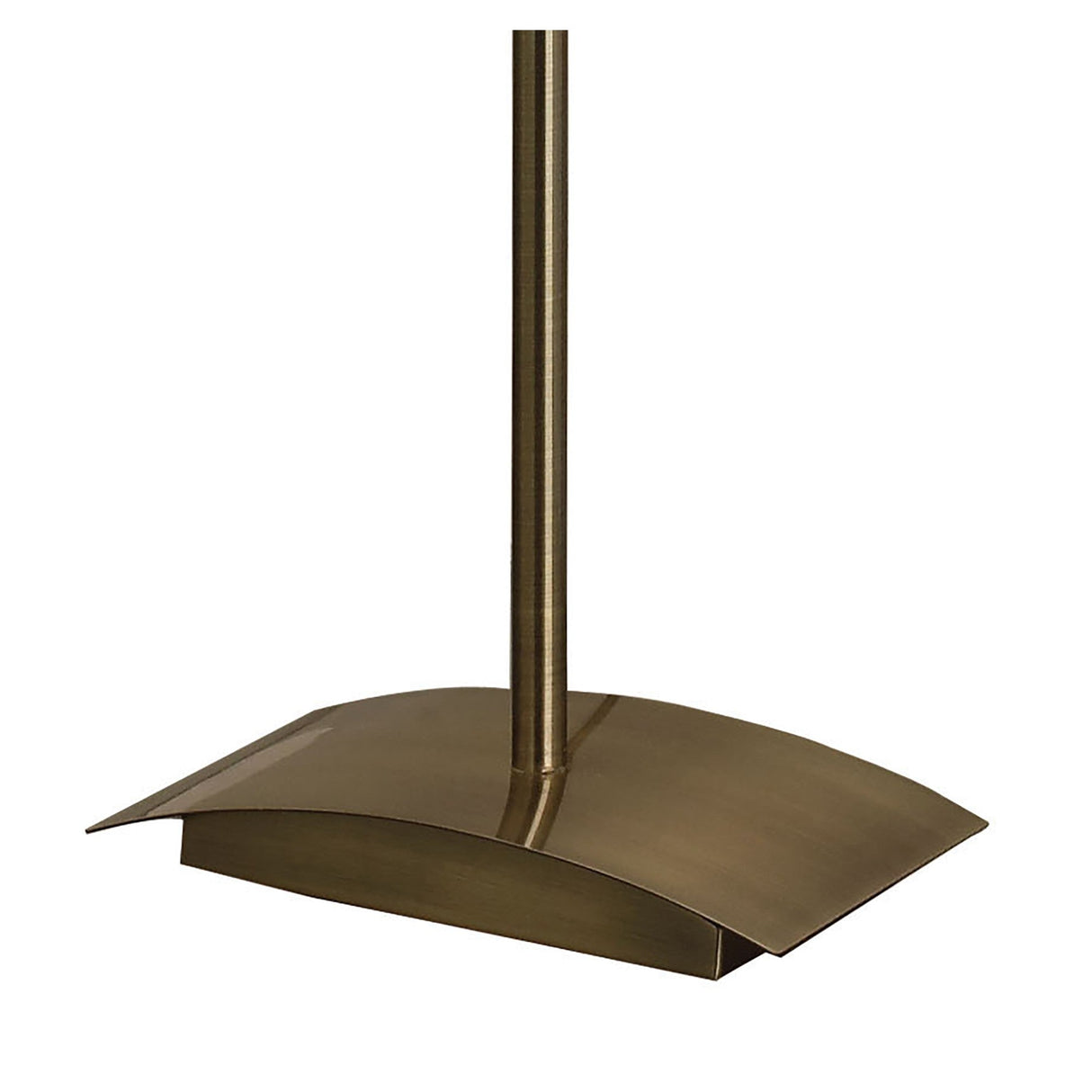 The Pietra 4 Light Floor Lamp in antique brass showcases a statement design with a brushed metal base, rectangular with subtle curves, and a central pole extending upward for an elegant decorative touch.