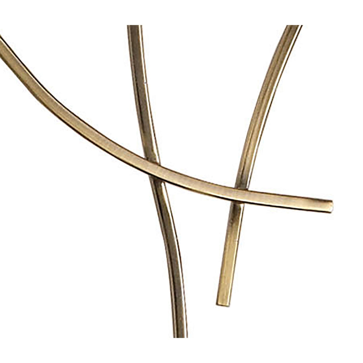 Four slender, gold metal rods intersect and curve on a white background, evoking the graceful silhouette of the Pietra 4 Light Floor Lamp in Antique Brass, designed for elegant ambient lighting.