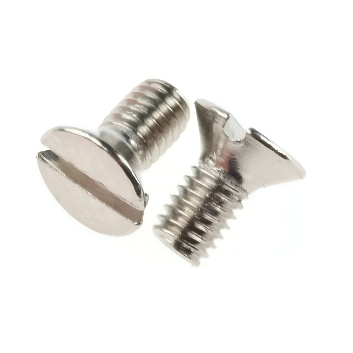 Two M3 x 6mm nickel flat-head slotted screws are shown: one upright, one lying down to reveal the threaded body and slot. Compatible with Curved Grid Faceplates—refer to product specs for details. Sold in 100 pack.