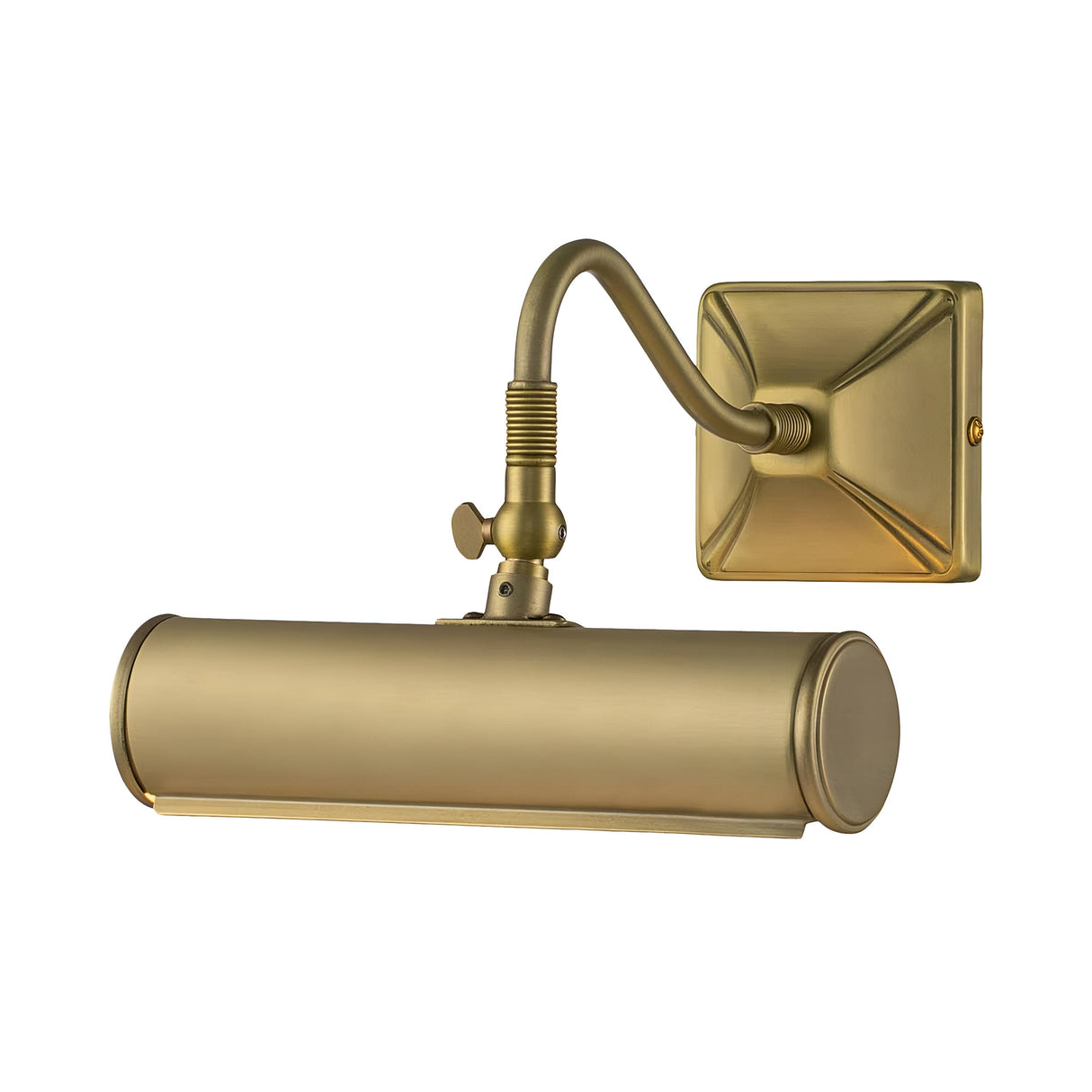 The Picture Light 1 Light Small in brushed brass features a rectangular mounting plate and an adjustable arm, designed to beautifully illuminate your artwork or photographs. Its cylindrical light fixture offers a simple and elegant presence.