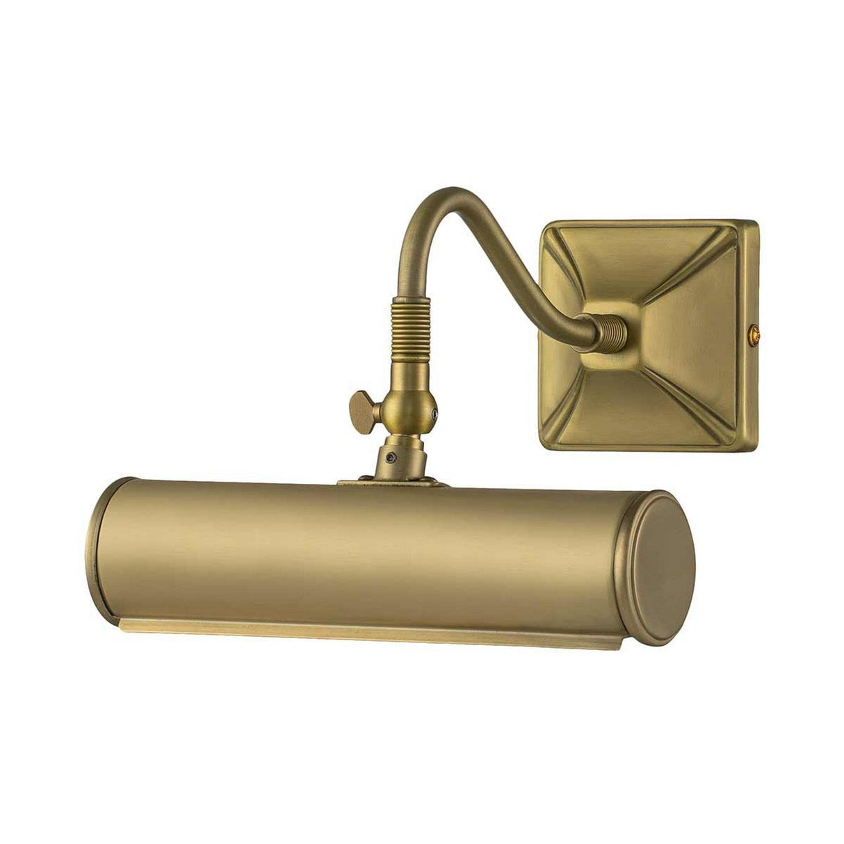 The Picture Light 1 Light Small - Brushed Brass showcases a cylindrical lampshade and a square base, complete with an adjustable arm for directing light, embodying a classic and elegant design.