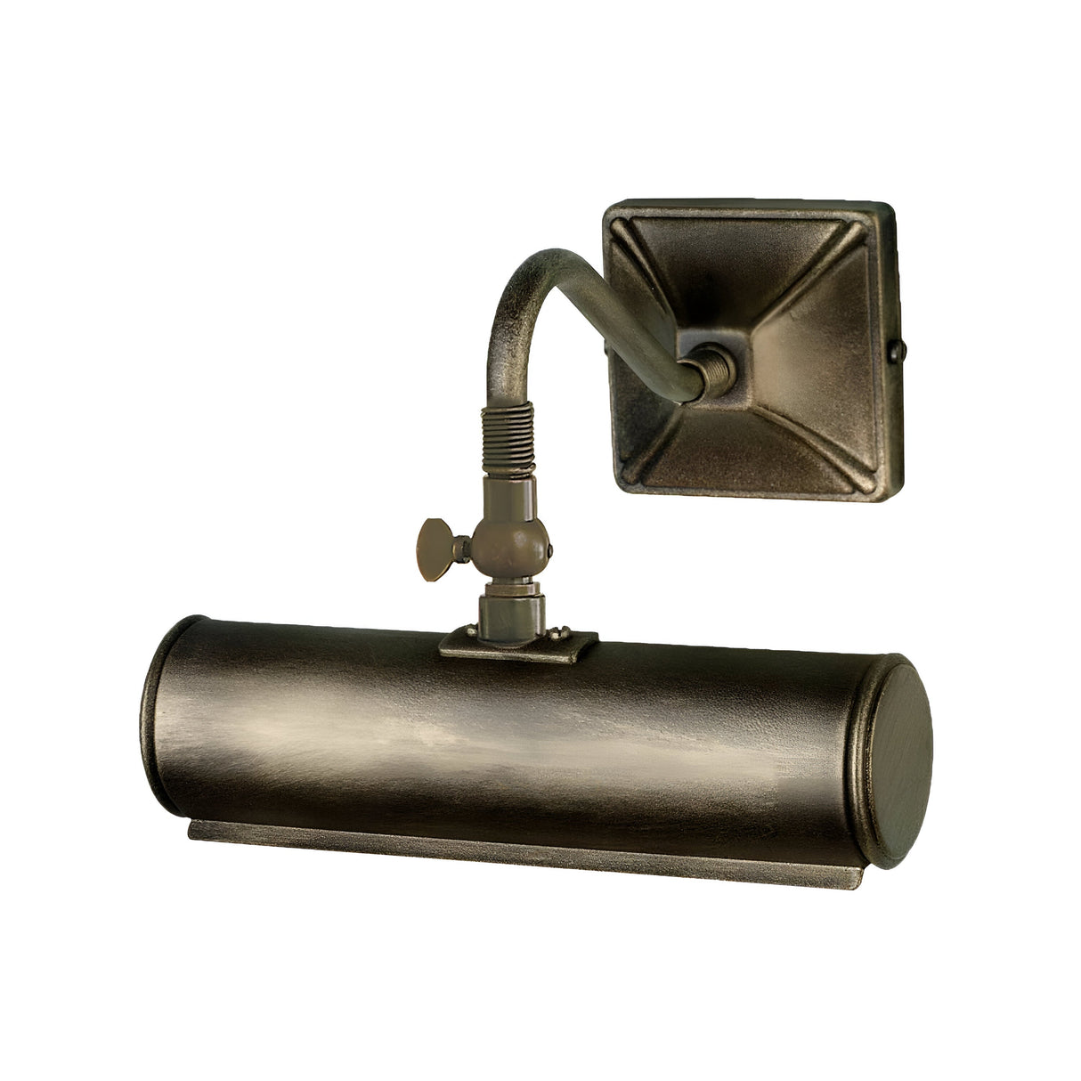 The Picture Light 1 Light Small in Black/Gold is a wall-mounted fixture featuring a cylindrical lamp and square backplate, complemented by a curved arm and an adjustable knob for a vintage industrial look. Ideal for illuminating artwork, its design adds an elegant touch to highlight your favorite pieces.