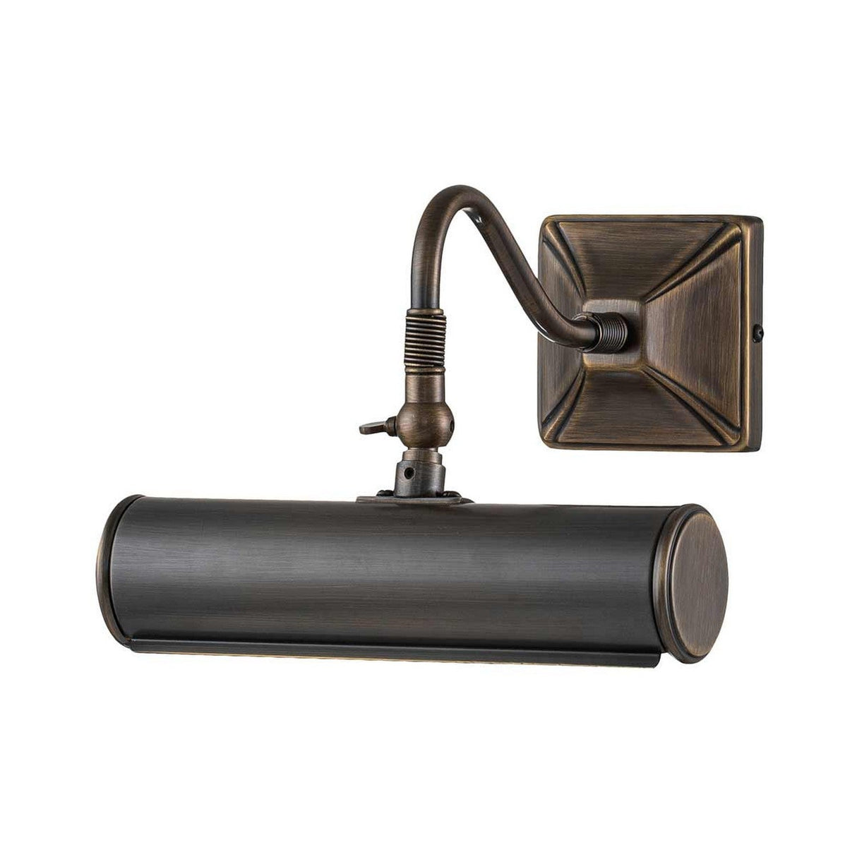 The Picture Light 1 Light Small - Dark Bronze is a wall-mounted fixture with a cylindrical shade and an adjustable arm, perfect for illuminating artwork or photos on a wall with vintage charm.