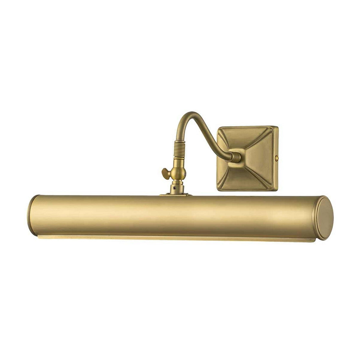 The Picture Light 2 Light Large in Brushed Brass is a wall-mounted fixture that features a cylindrical shade and an adjustable arm. It has a square base and a sleek, minimalist design, making it ideal for illuminating artwork or decor.