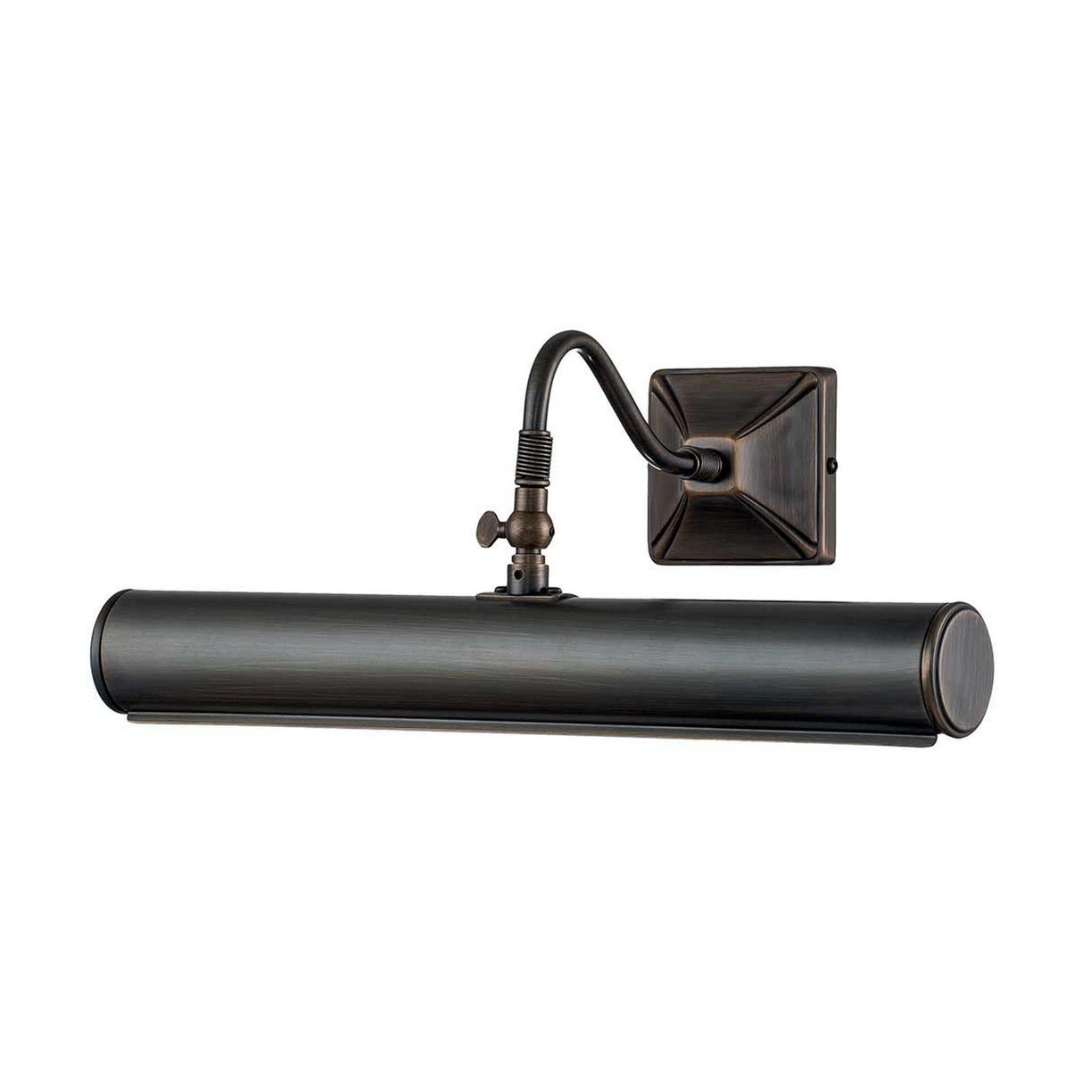 The Picture Light 2 Light Large - Dark Bronze features a sleek design with a cylindrical shade on a swivel arm, mounted to a square backplate. Tailored to illuminate artwork or photographs, this adjustable fixture offers a classic and minimalist appeal.