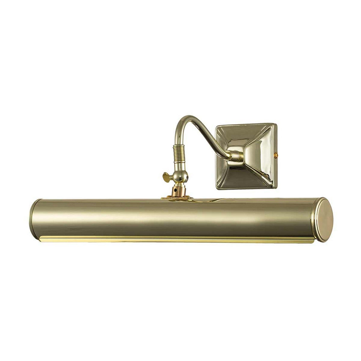 The Picture Light 2 Light Large - Polished Brass features a cylindrical shade and adjustable arm, making it perfect for illuminating artwork, and is beautifully mounted on a square backplate.