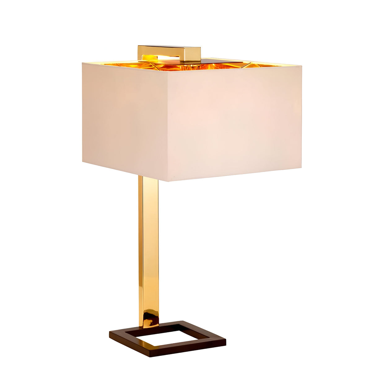 The Plein 1 Light Table Lamp combines minimalist elegance with its rectangular white shade and polished gold metallic stand. Its sophisticated design is enhanced by a square, dark brown base, making it an ideal choice for any modern decor setting.