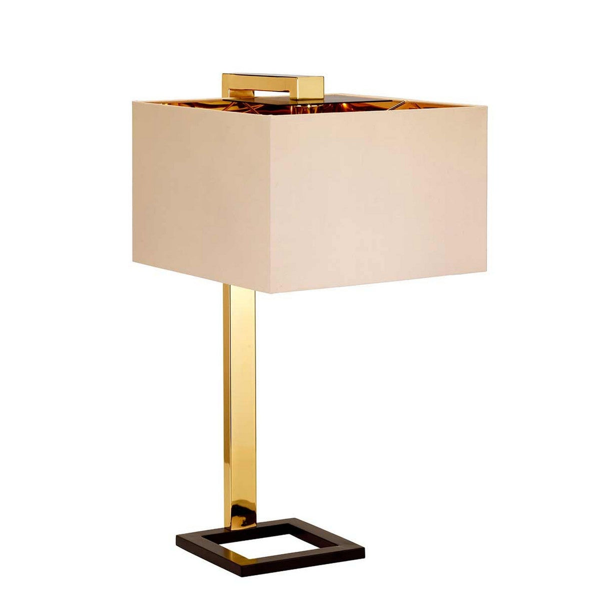 The Plein 1 Light Table Lamp showcases a rectangular beige lampshade resting on a polished gold metal base, paired with a square black stand. Its sleek and contemporary design ensures it stands out in any room.