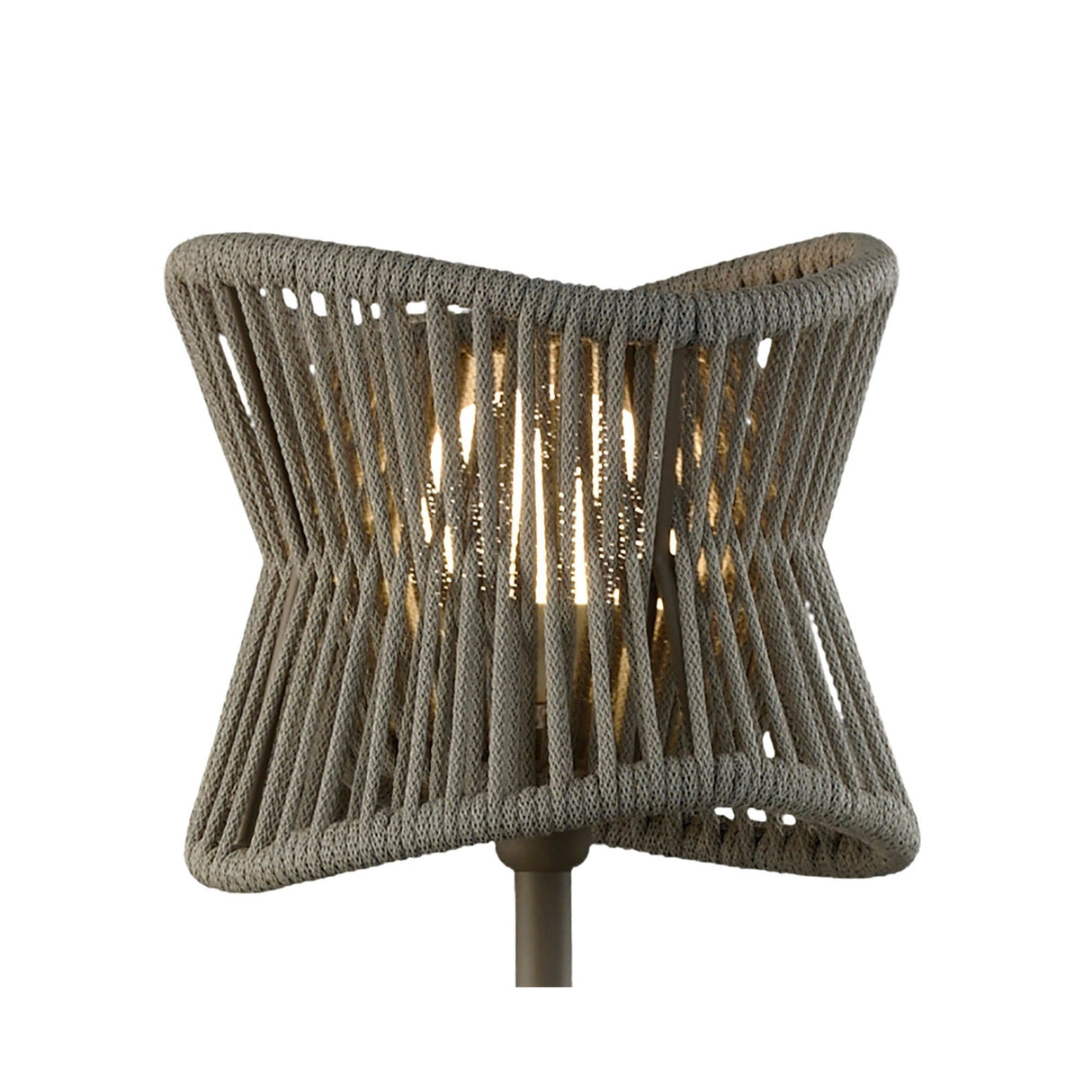 The Polinesia 1 Light Outdoor Floor Lamp in beige features a modern wicker-style, hourglass-shaped shade and reveals a glowing bulb—ideal for stylish garden lighting against plain white backgrounds.