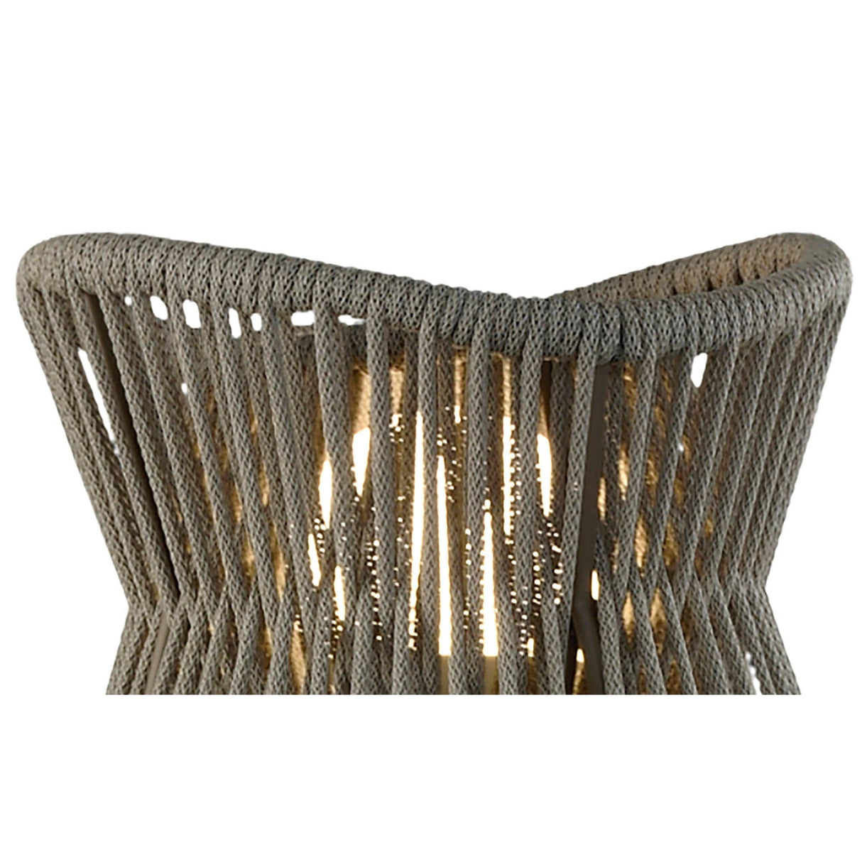 Close-up of a woven chair backrest with gray ropes, letting in light—beautifully paired with the Polinesia 1 Light Outdoor Floor Lamp in Beige for stylish garden lighting.